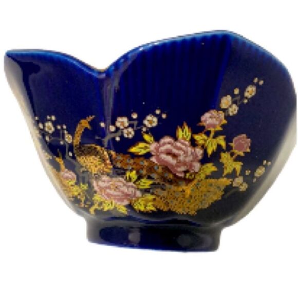 PEACOCKS Lotus Floral Cobalt Blue Gold Trim Decorative JAPANESE Bowl Vintage - Picture 2 of 12